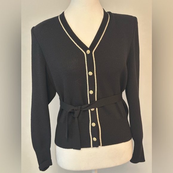 St. John Collection Sweaters - St. John Collection Black Cardigan with White Trim Gold Pearl Button